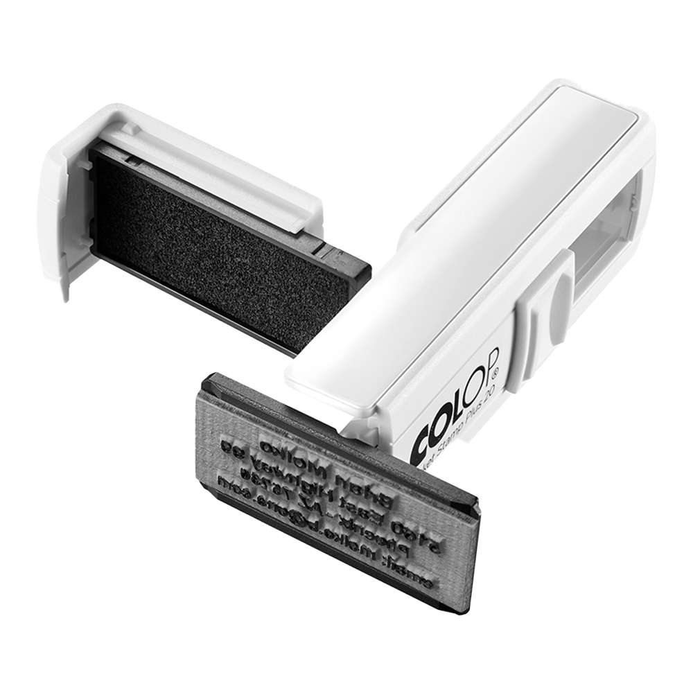 Trendy Colop zakstempel met wit montuur